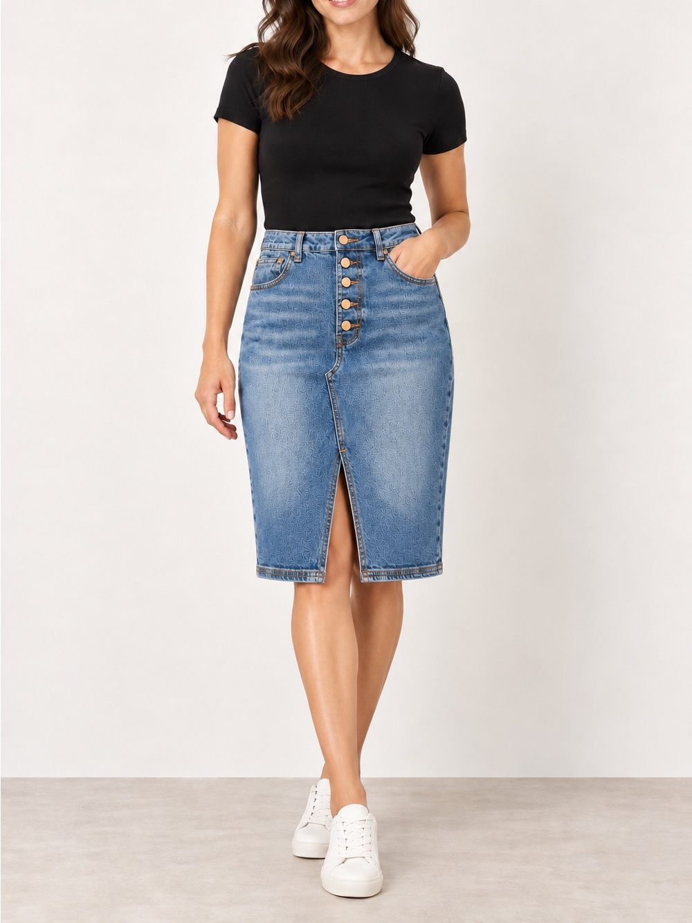 RACHEL Rachel Roy Medium Blue Button-Front Denim Skirt with Front Slit- 6/28